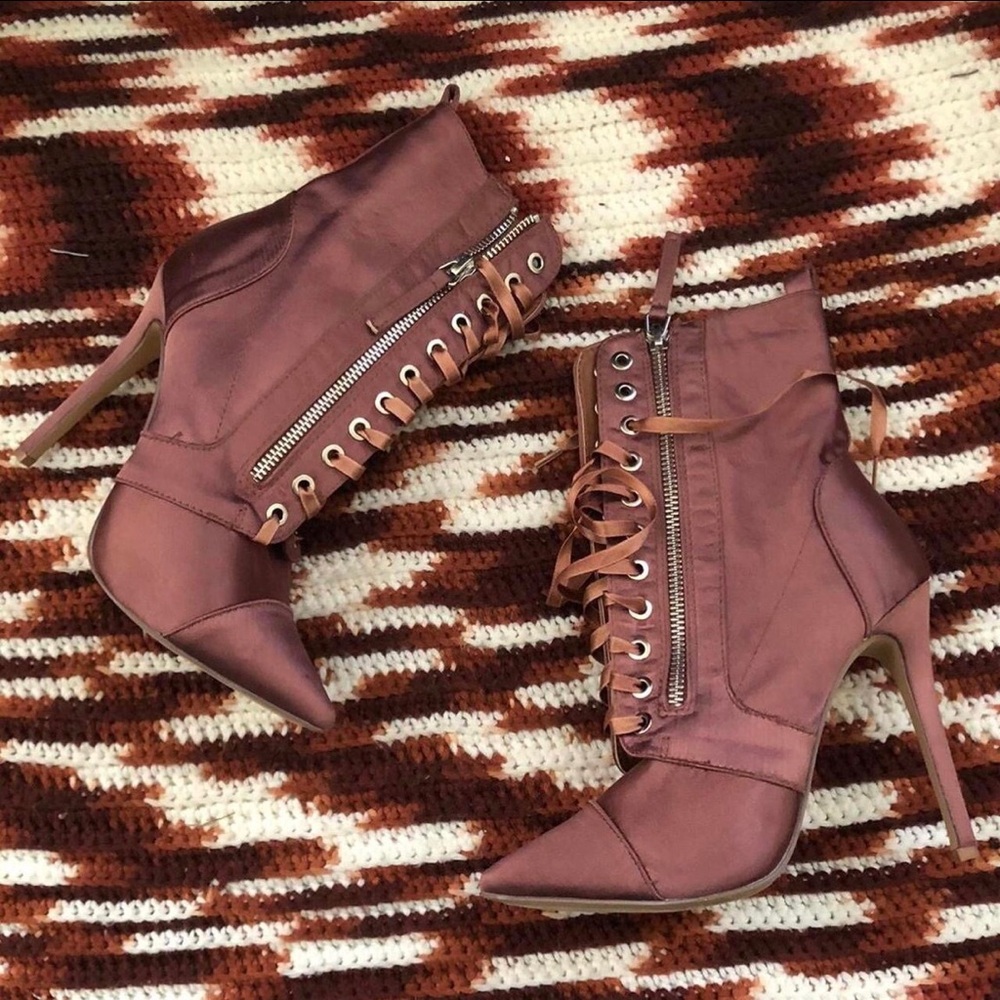 Liliana Pink Satin Lace Up Stiletto 4” Ankle Mid Calf Boots Booties-Size 7.5M